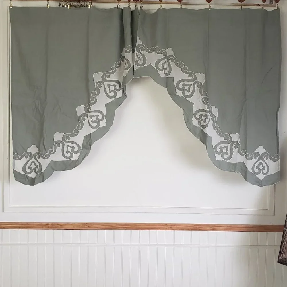 Vintage JC Penney Linen Swag Curtains with Sheer Inset 70 x 38 Sage Green - Picture 2 of 8